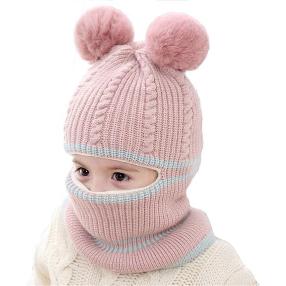 🆕 Baby Girls Pink Winter Warm Scarf Shawl Hat Knit Cute Face Cover Balaclava - Picture 1 of 4